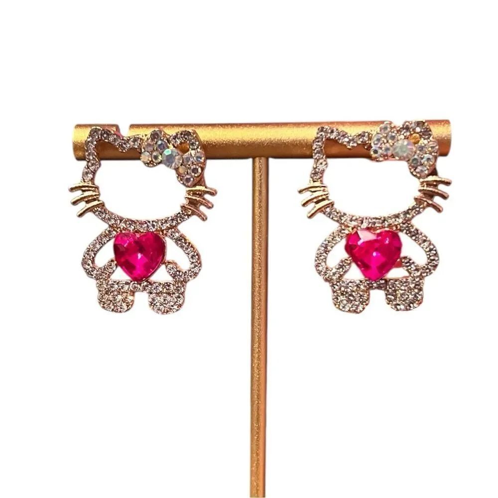 Iridescent And Pink Crystal Hello Kitty Earrings